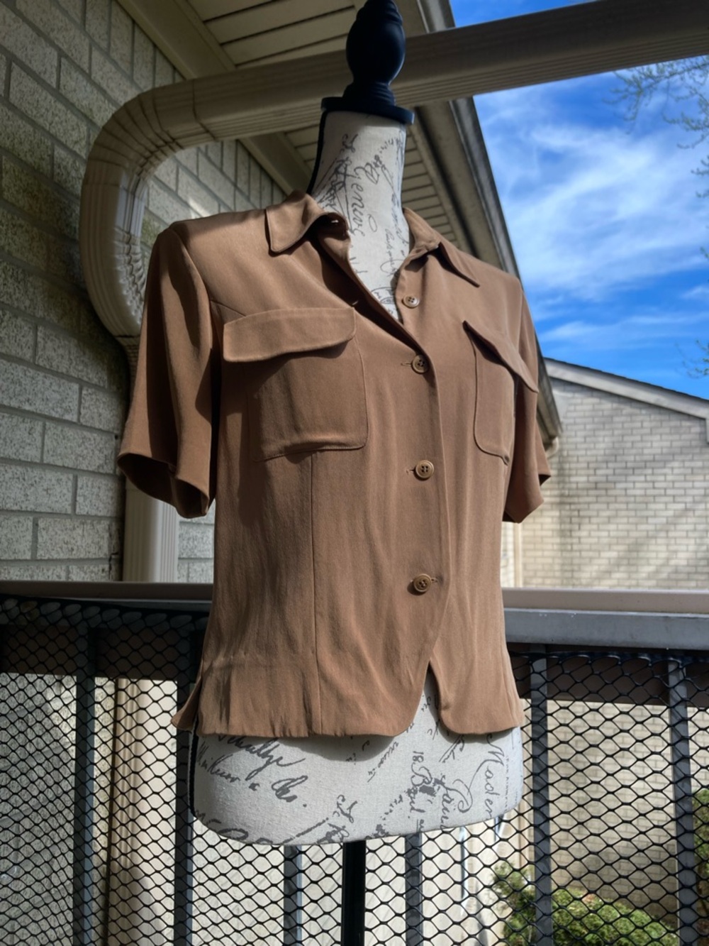 Charter Club 100% Silk Brown Button Down Short Sleeve Collared Tailored Blouse